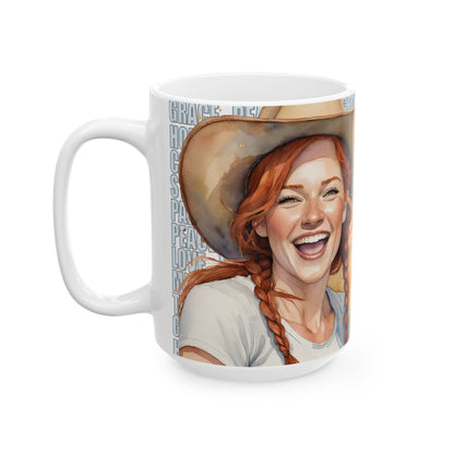 Joyful Young Redhead Cowgirl with Positive Words White Ceramic Mug, (11oz or 15oz) **FREE SHIPPING**