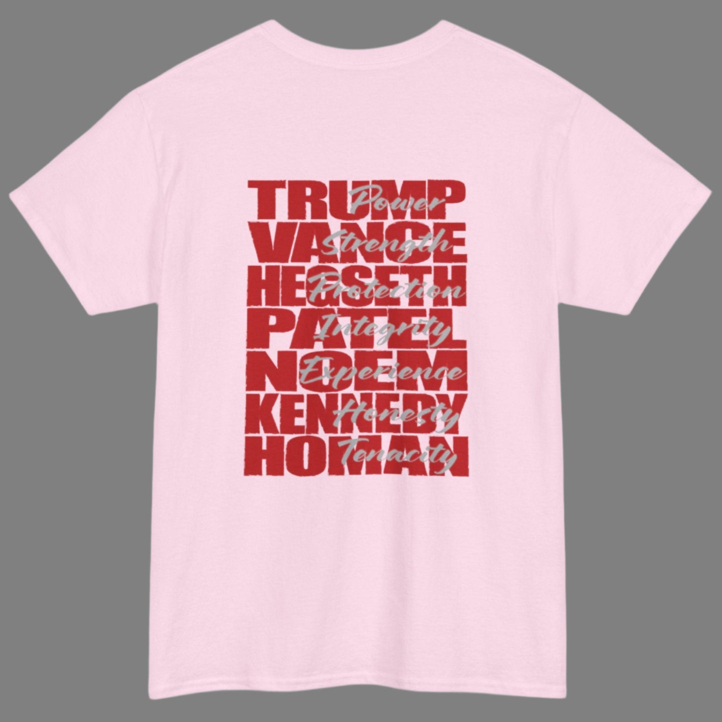 Cotton t-shirt imprinted in red with a gray overprint on the back of the names and strongest qualities of President Trump and his cabinet members / nominees. The front is imprinted on the left chest with 45/47 and the word Restoration overprinted in gray. 