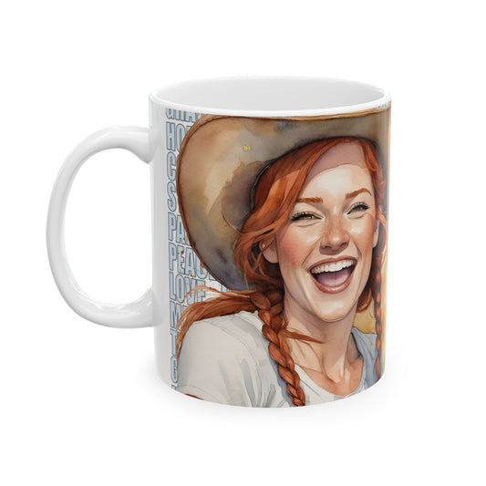 Joyful Young Redhead Cowgirl with Positive Words White Ceramic Mug, (11oz or 15oz) **FREE SHIPPING**