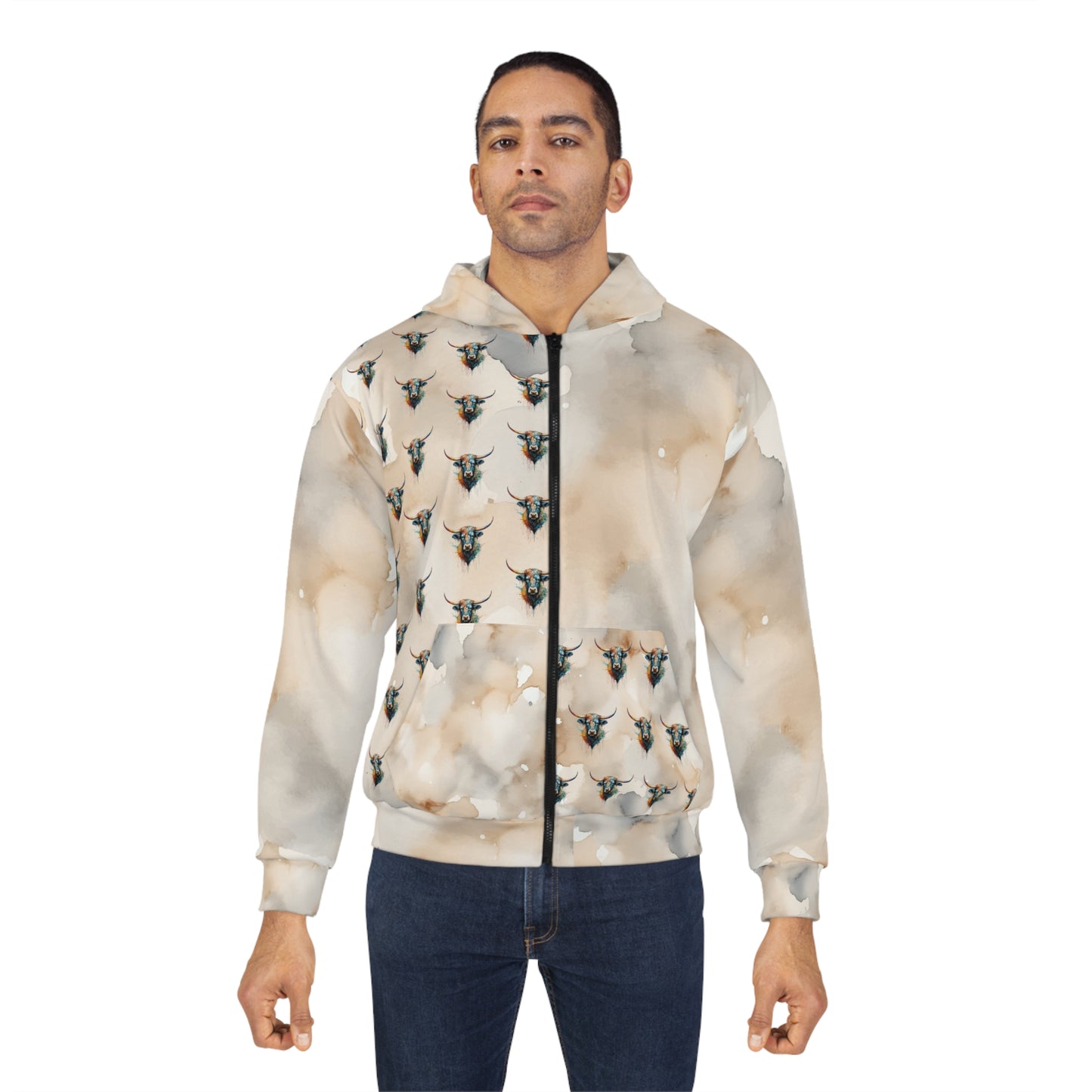 Watercolor Steer Front Zip Long Sleeve Fleece Sweatshirt Hoodie - Unisex