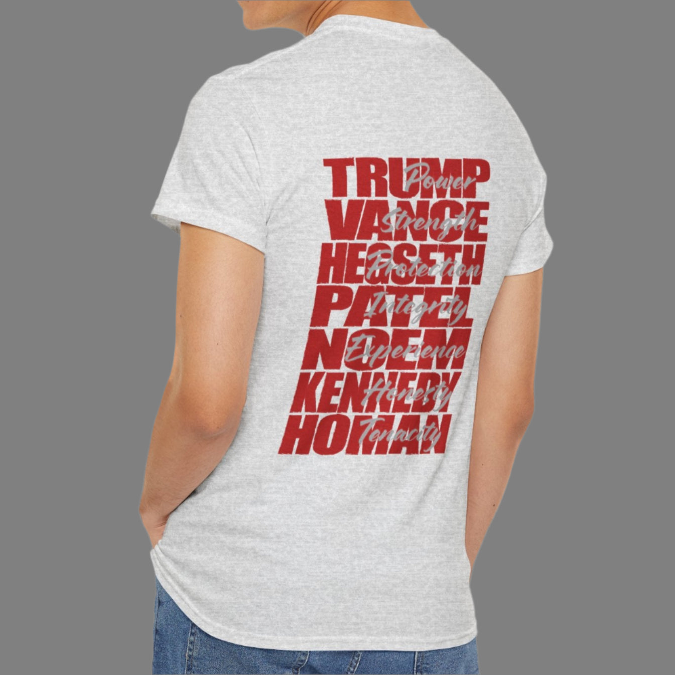 Cotton t-shirt imprinted in red with a gray overprint on the back of the names and strongest qualities of President Trump and his cabinet members / nominees. The front is imprinted on the left chest with 45/47 and the word Restoration overprinted in gray. 