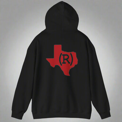 Black hoodie sweatshirt imprinted with a red shape of Texas on the back which has a Republican (R) over the top. 