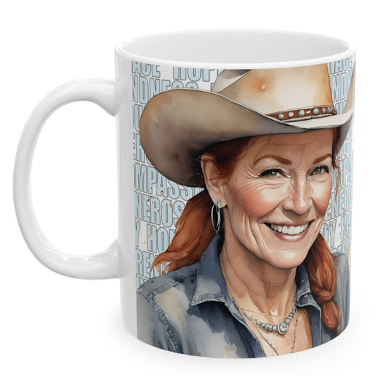 Joyful "Tracy" Redhead Ginger Cowgirl and Positive Words White Ceramic Mug (11oz or 15oz)