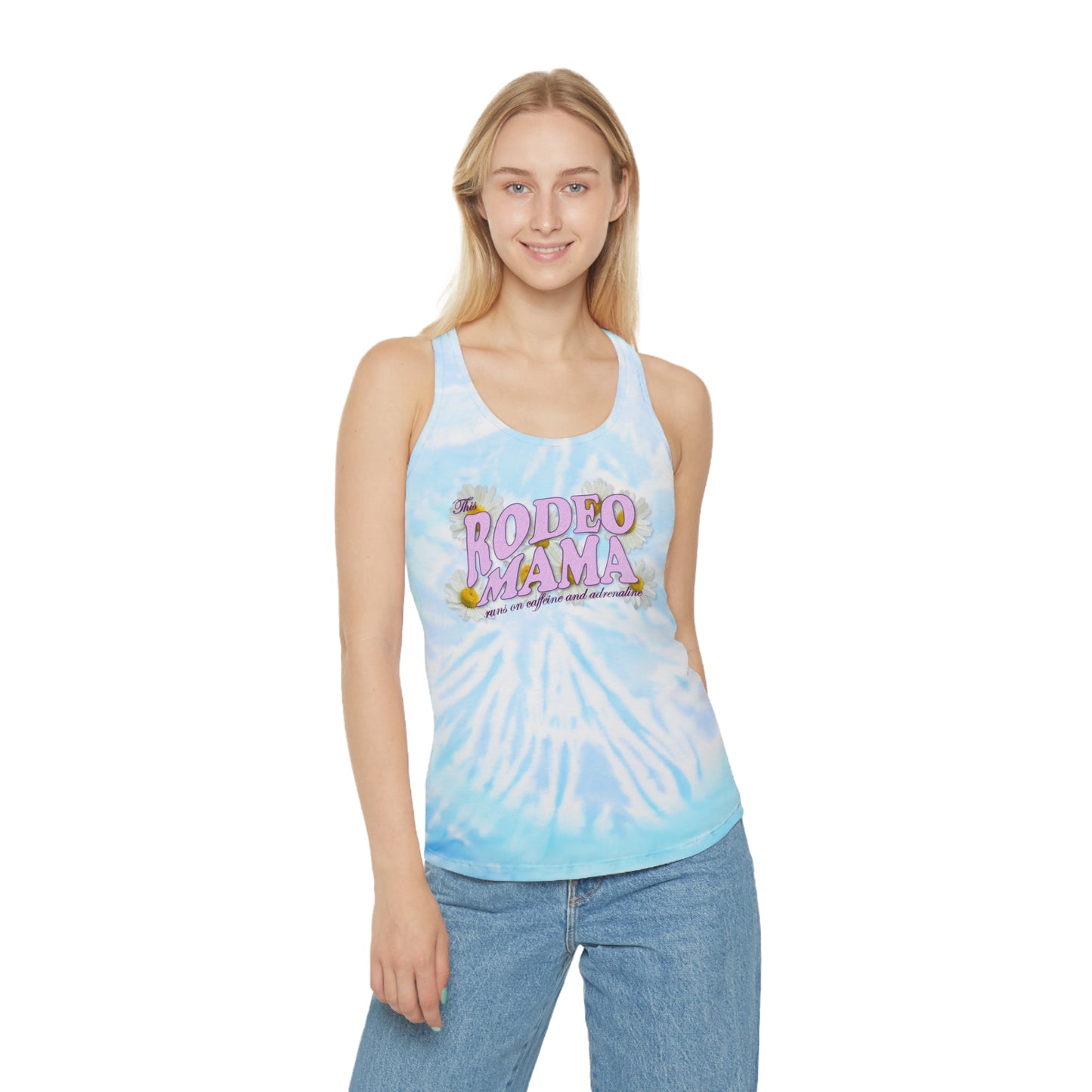 Rodeo Mama Tie Dye Racerback Tank Top (Caffeine & Adrenaline) – Vibrant & Playful Summer Wear - 3 Color Options