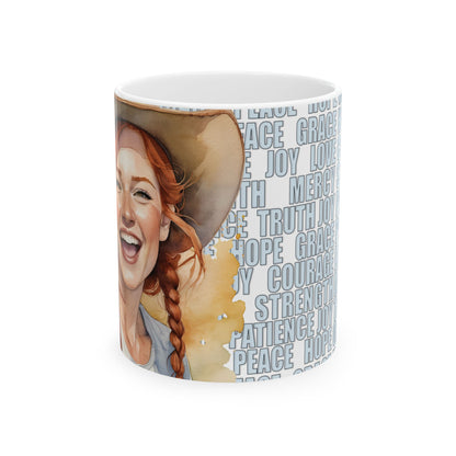 Joyful Young Redhead Cowgirl with Positive Words White Ceramic Mug, (11oz or 15oz) **FREE SHIPPING**