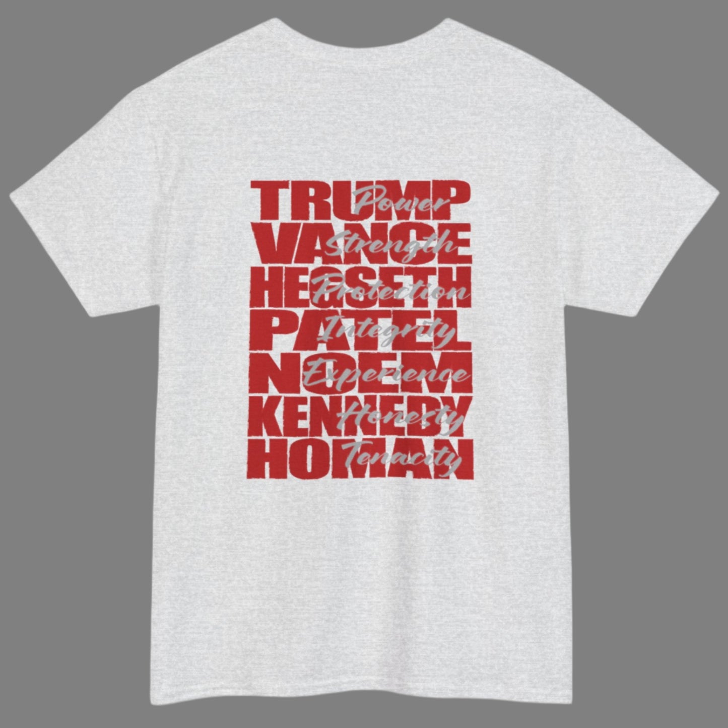 Cotton t-shirt imprinted in red with a gray overprint on the back of the names and strongest qualities of President Trump and his cabinet members / nominees. The front is imprinted on the left chest with 45/47 and the word Restoration overprinted in gray. 