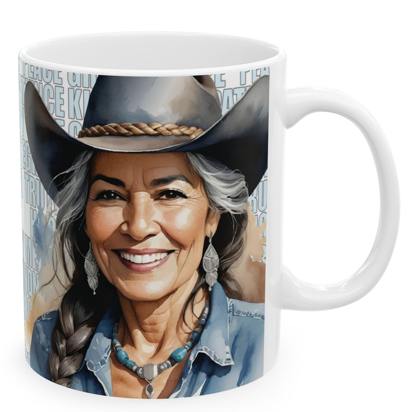 DELIAH. Our happiest cowgirls grace these 11 oz and 15 oz white ceramic mugs. We've also added a plethora of positive words to help get your day off to the right start. Glossy finish. 