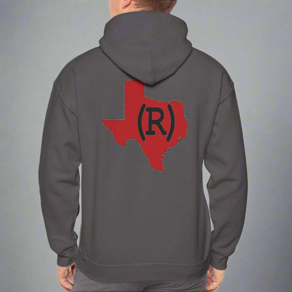 Charcoal gray hoodie sweatshirt imprinted with a red shape of Texas on the back which has a Republican (R) over the top. Model is a man .