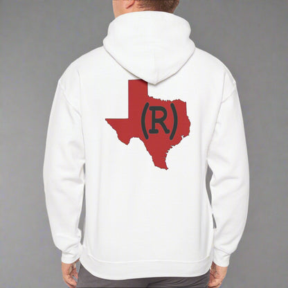 White hoodie sweatshirt imprinted with a red shape of Texas on the back which has a Republican (R) over the top. 