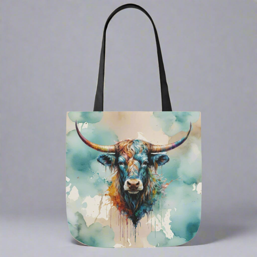 Barnburner Watercolor with Rainbow Steer Canvas Tote Bag - 3 Color Strap Options & 3 Sizes