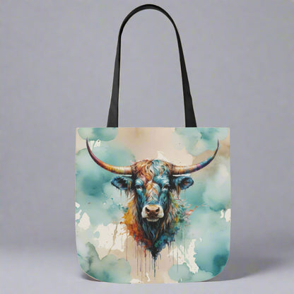 Barnburner Watercolor with Rainbow Steer Canvas Tote Bag - 3 Color Strap Options & 3 Sizes