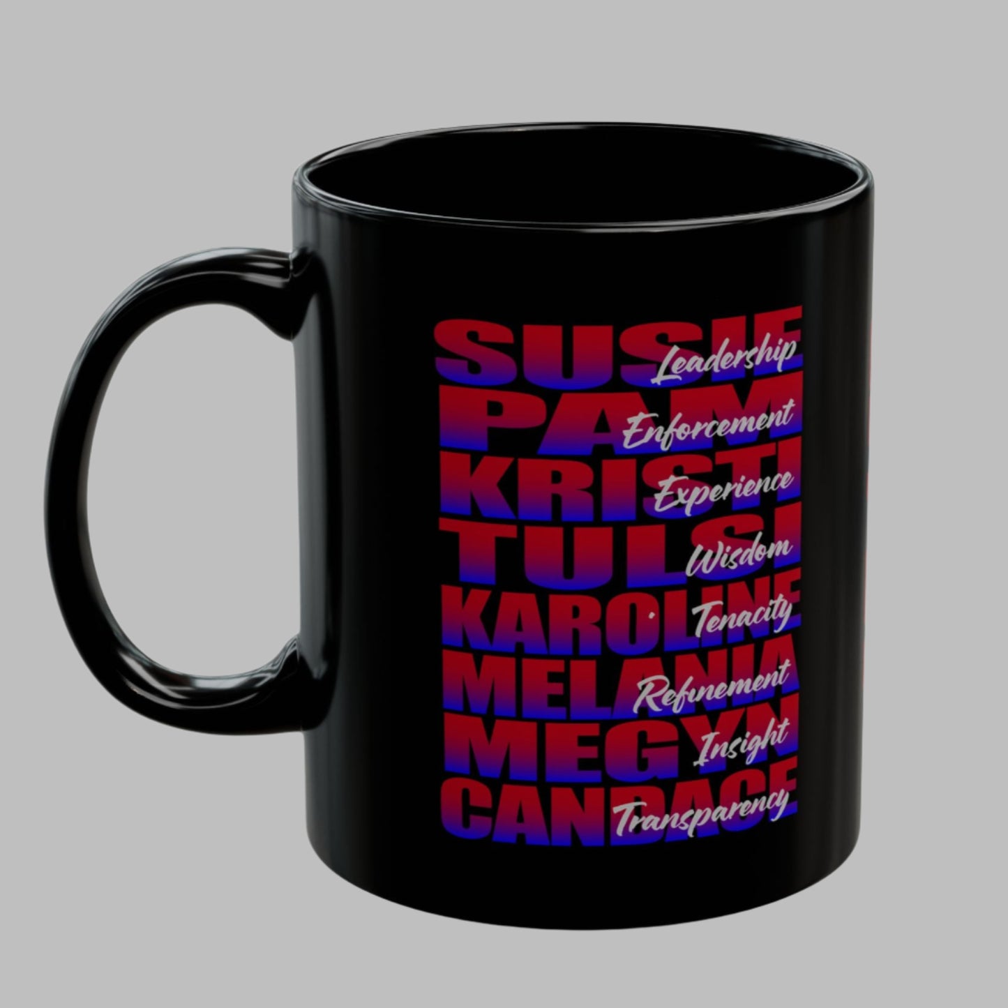 Glossy black ceramic coffee mug printed on both sides with the first names of some of the most conservative influential women in America: Susie Wiles, Pam Bondi, Kristi Noem, Tulsi Gabbard, Karoline Leavitt, Melania Trump, Megyn Kelly, and Candace Owens. Over each of their names we have added a quality then possess. On the vertical we have added 45/47 with Restoration overprinted. 