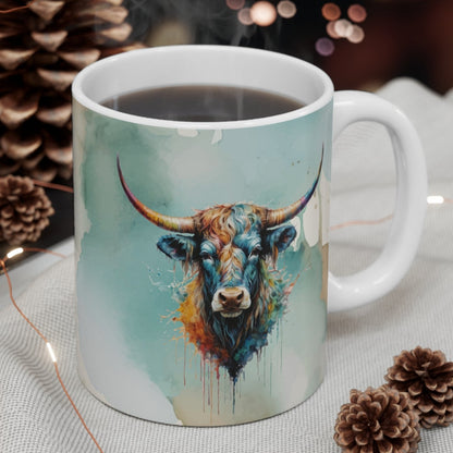 Watercolor Steer Head Colorful Longhorn Ceramic Coffee Mug - 11 oz.