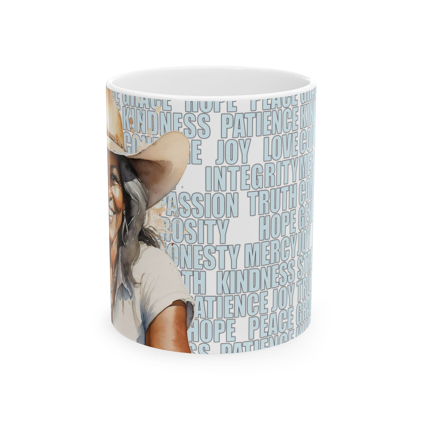Joyful Mature Black Cowgirl with Positive Words White Ceramic Mug, (11oz or 15oz)