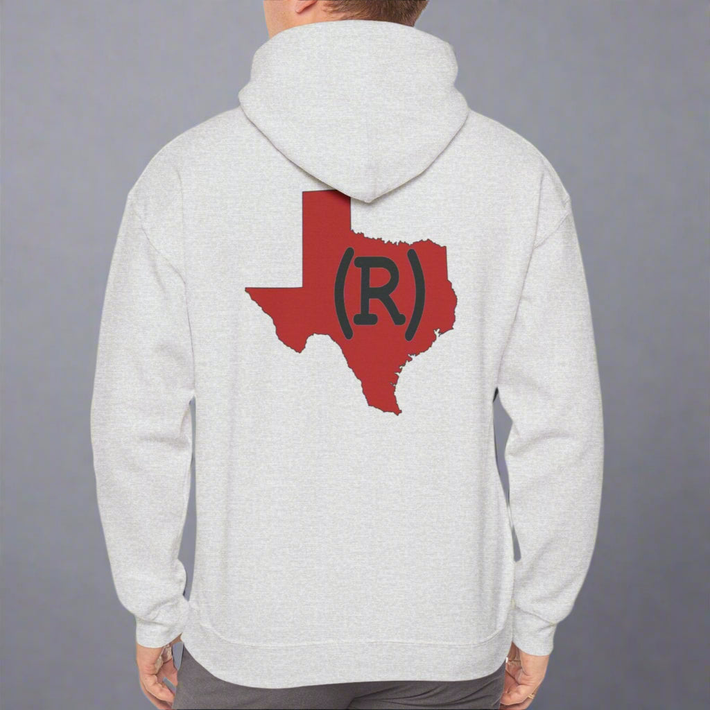 Ash grqy hoodie sweatshirt imprinted with a red shape of Texas on the back which has a Republican (R) over the top. 