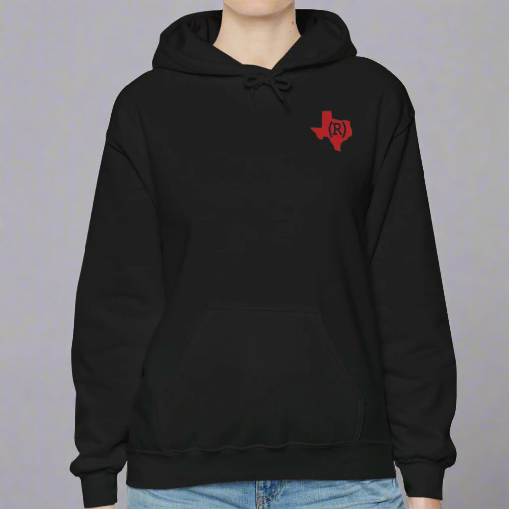 Black hoodie sweatshirt imprinted with a red shape of Texas on the chest which has a Republican (R) over the top. 