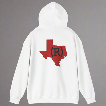 White hoodie sweatshirt imprinted with a red shape of Texas on the back which has a Republican (R) over the top. 