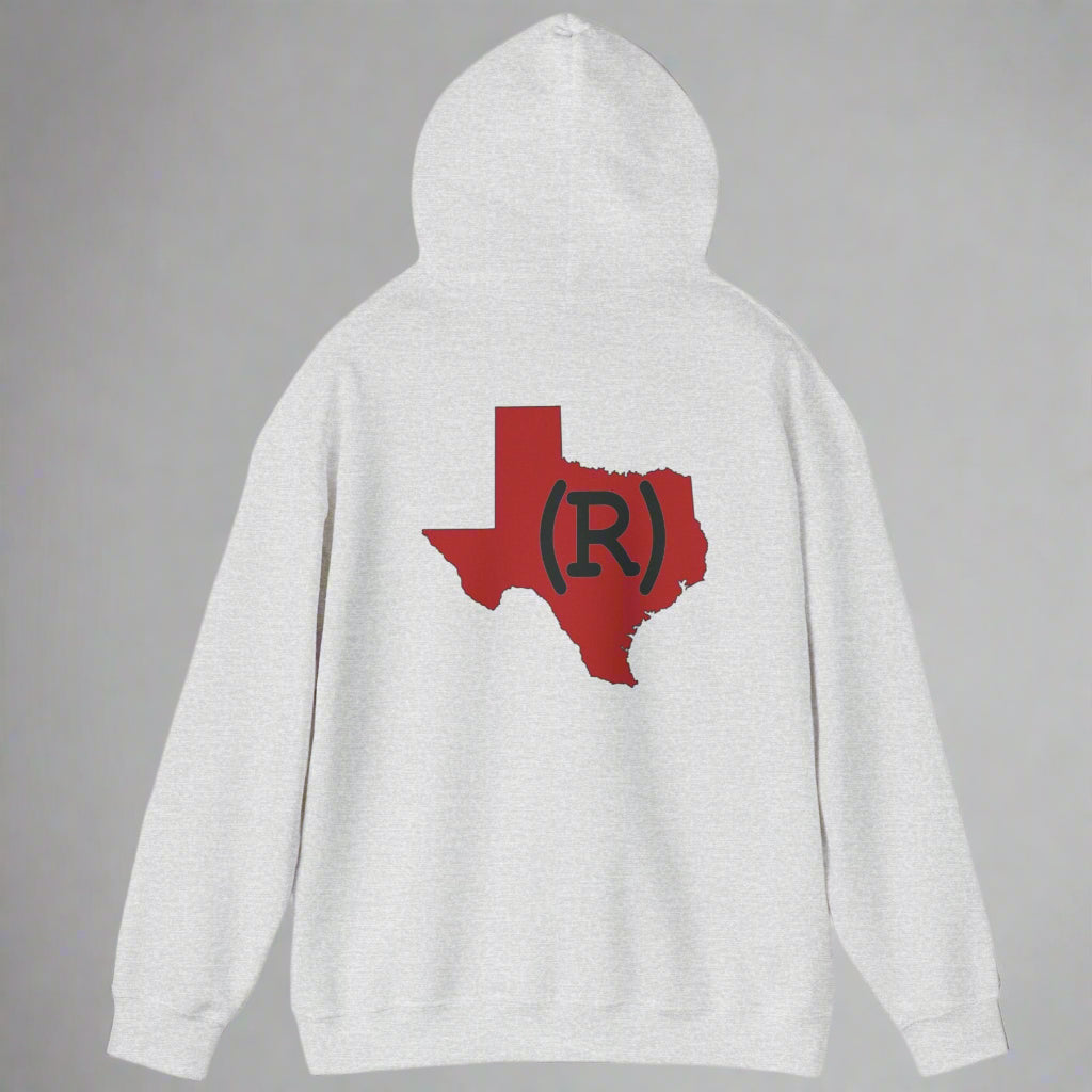 Ash gray hoodie sweatshirt imprinted with a red shape of Texas on the back which has a Republican (R) over the top. 