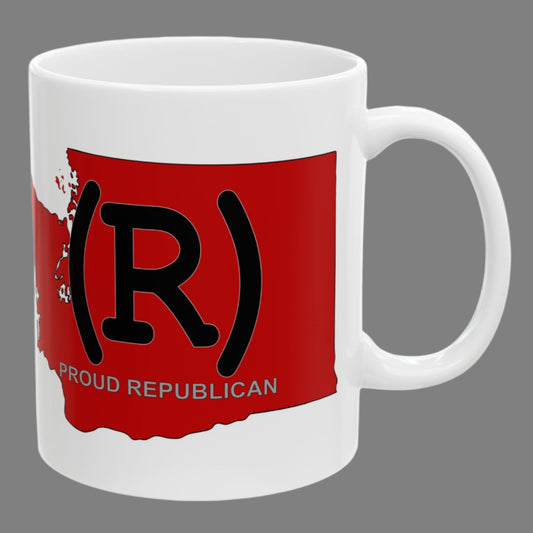 White ceramic mug imprinted on both sides with a red shape of the state of Washington outlined in black. Across the top of the image is a large (R for Republican and the words Proud Republican. 