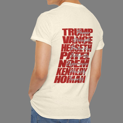 Cotton t-shirt imprinted in red with a gray overprint on the back of the names and strongest qualities of President Trump and his cabinet members / nominees. The front is imprinted on the left chest with 45/47 and the word Restoration overprinted in gray. 