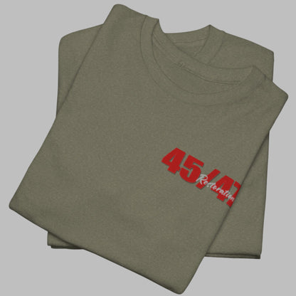 Cotton t-shirt imprinted in red with a gray overprint on the back of the names and strongest qualities of President Trump and his cabinet members / nominees. The front is imprinted on the left chest with 45/47 and the word Restoration overprinted in gray. 