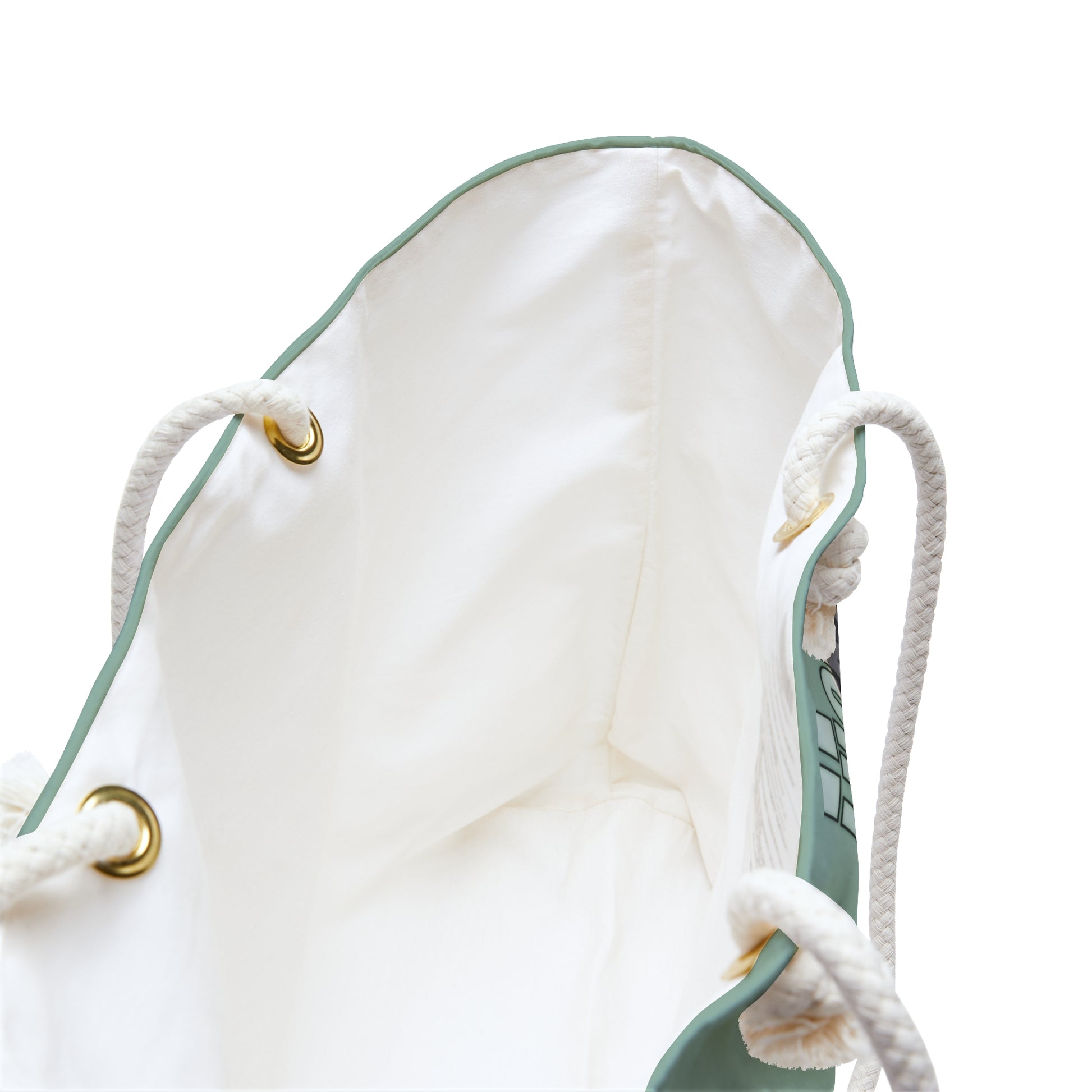 Pretty mint green weekender bag is imprinted both sides with ou exclusive Lucky Enough image of a blond, laughing, and happy cowgirl in a plaid shirt on the right side. Bag features white rope handles and sheeting lining. 