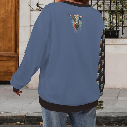 Watercolor Steer Crew Neck Dropped Shoulder Sweatshirt - Cornflower Blue / Jet Black