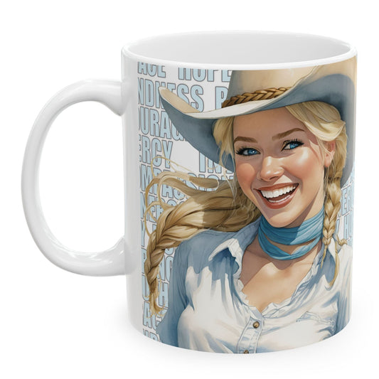 Joyful Young Blond Cowgirl and Positive Words White Ceramic Mug, (11oz or 15oz)