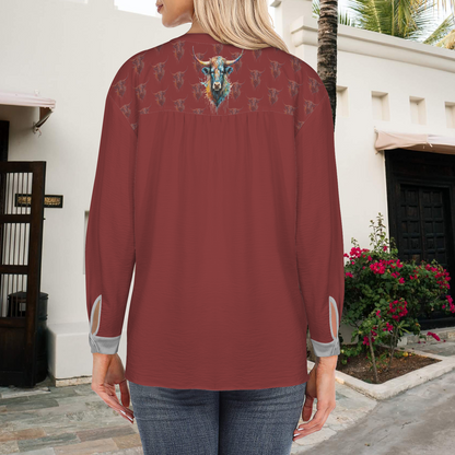 Watercolor Steer V-Neck Pullover Blouse - Winter Wine / Stone Gray