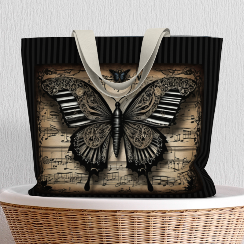 Ornate, gothic influence imprint of butterfly with piano key and steampunk influences over antiqued  sheet music and black on black stripes on a double-sided tote bag. 