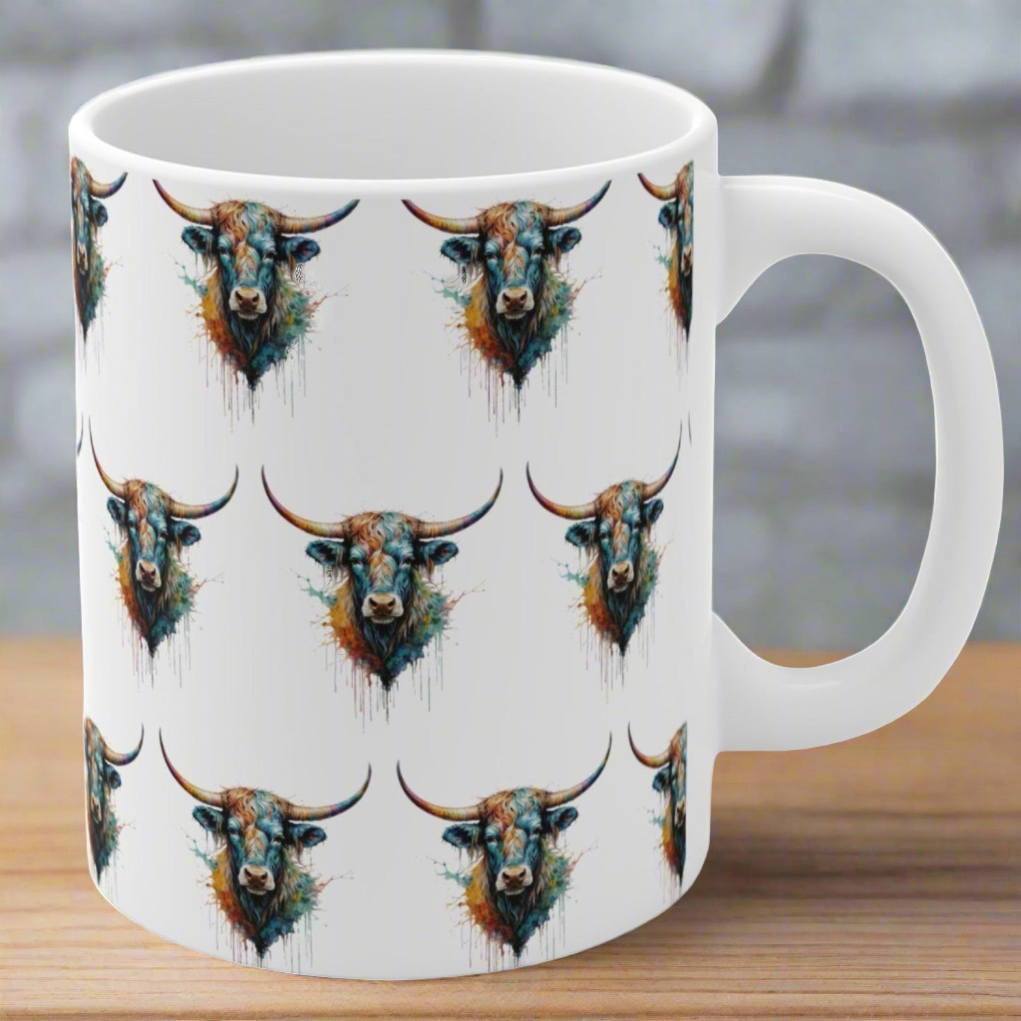 Watercolor Steer Longhorn on Bright White Ceramic Mug - 11 oz.