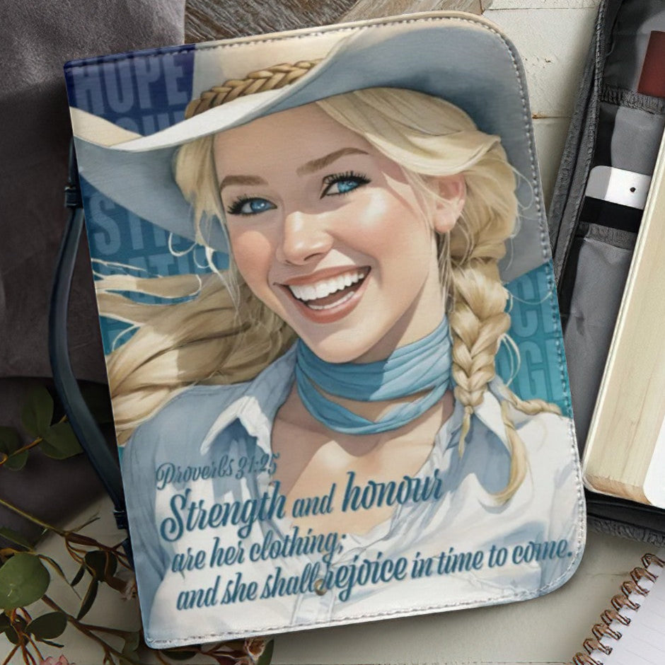"Uplifted" Joyful Cowgirl Proverbs 46:5 Faux Leather Bible Cover - Blue (4 Sizes)