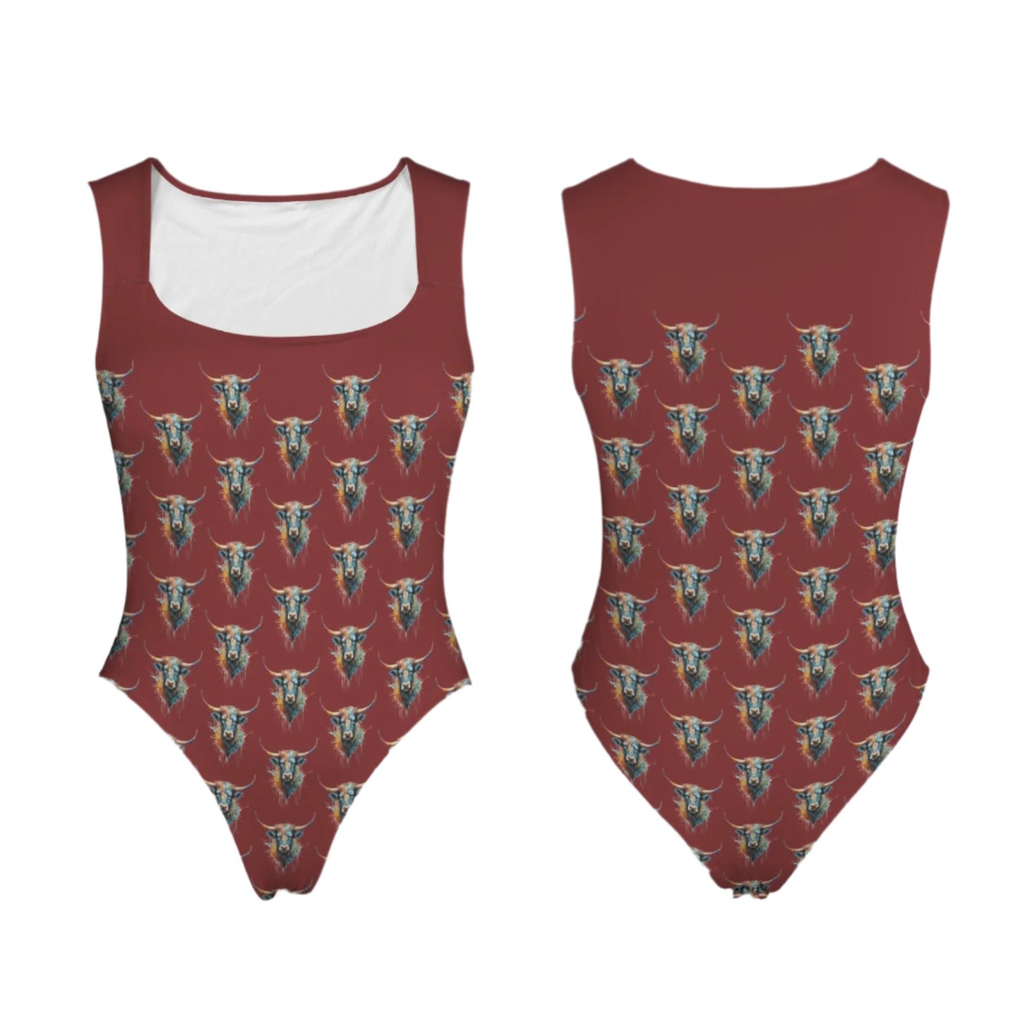 Watercolor Steer Sleeveless Square Neckline Bodysuit - Winter Wine