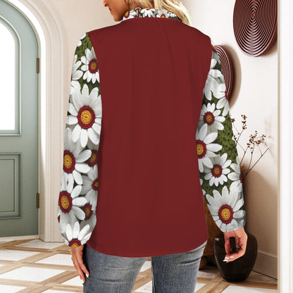 Boho Crochet Daisies - Ruffle Collar & Front Detail Long Sleeve Top - Burgundy