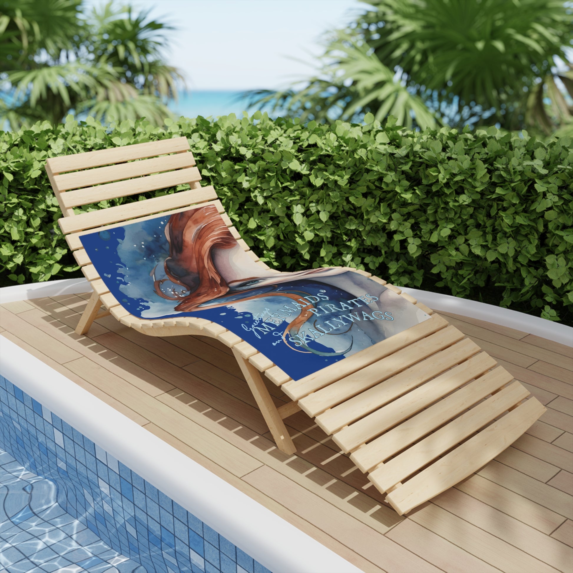 24" x 44" Beach towel imprinted with a beautiful redhead ginger mermaid with blue eyes. Overlaid with "Greetings MERMAIDS PIRATES and SKALLYWAGS" Great at the pool, beach, travel, or at home.