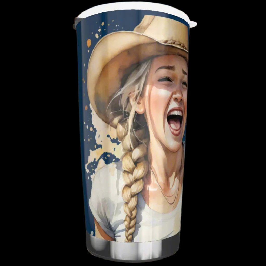 Laughing blond cowgirl stainless steel tumbler