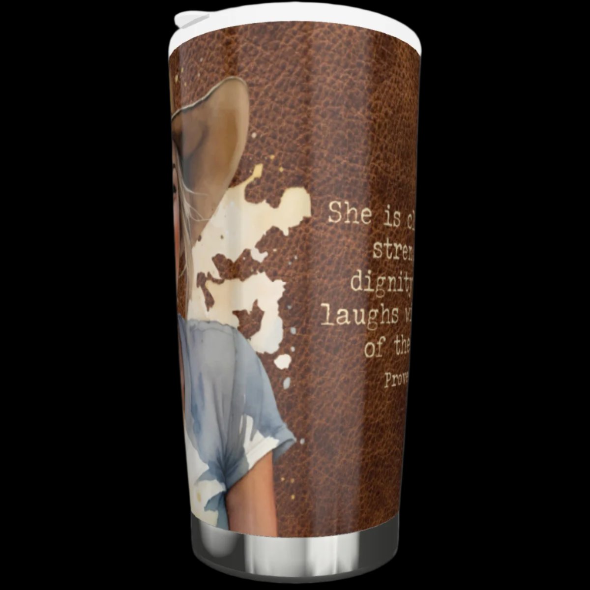 20 oz stainless steel tumbler with laughing joyful cowgirl and Bible verse