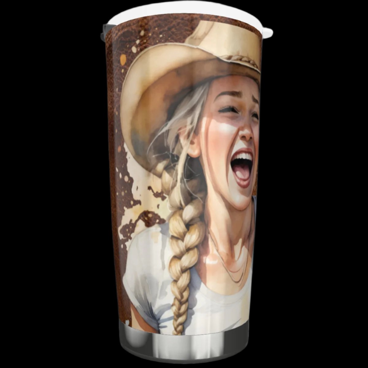 20 oz stainless steel tumbler with laughing joyful cowgirl and Bible verse