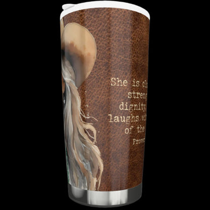 20 oz stainless steel tumbler Proverbs 31:25 mature cowgirl