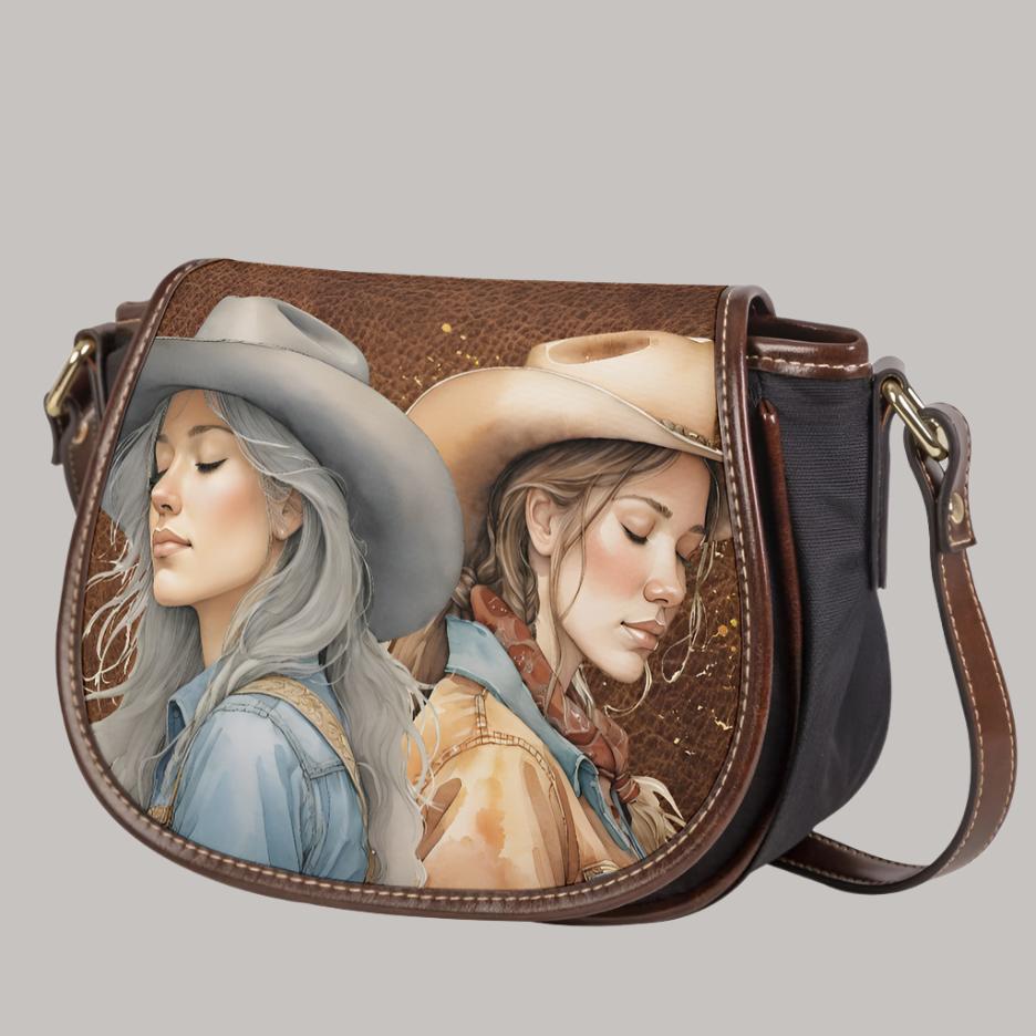 Feisty West pebble brown leather print with peaceful cowgirls. 