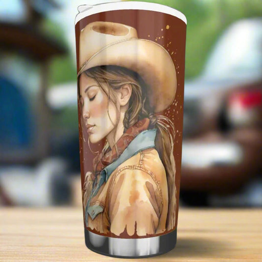 20 oz. stainless steel tumbler with cowgirl imprint