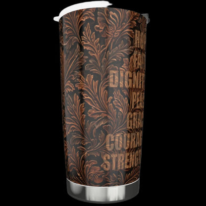 20 oz tooled leather look tumbler with words of virtue