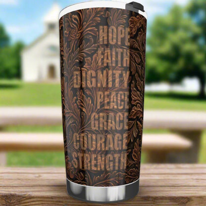 20 oz tooled leather look tumbler with words of virtue