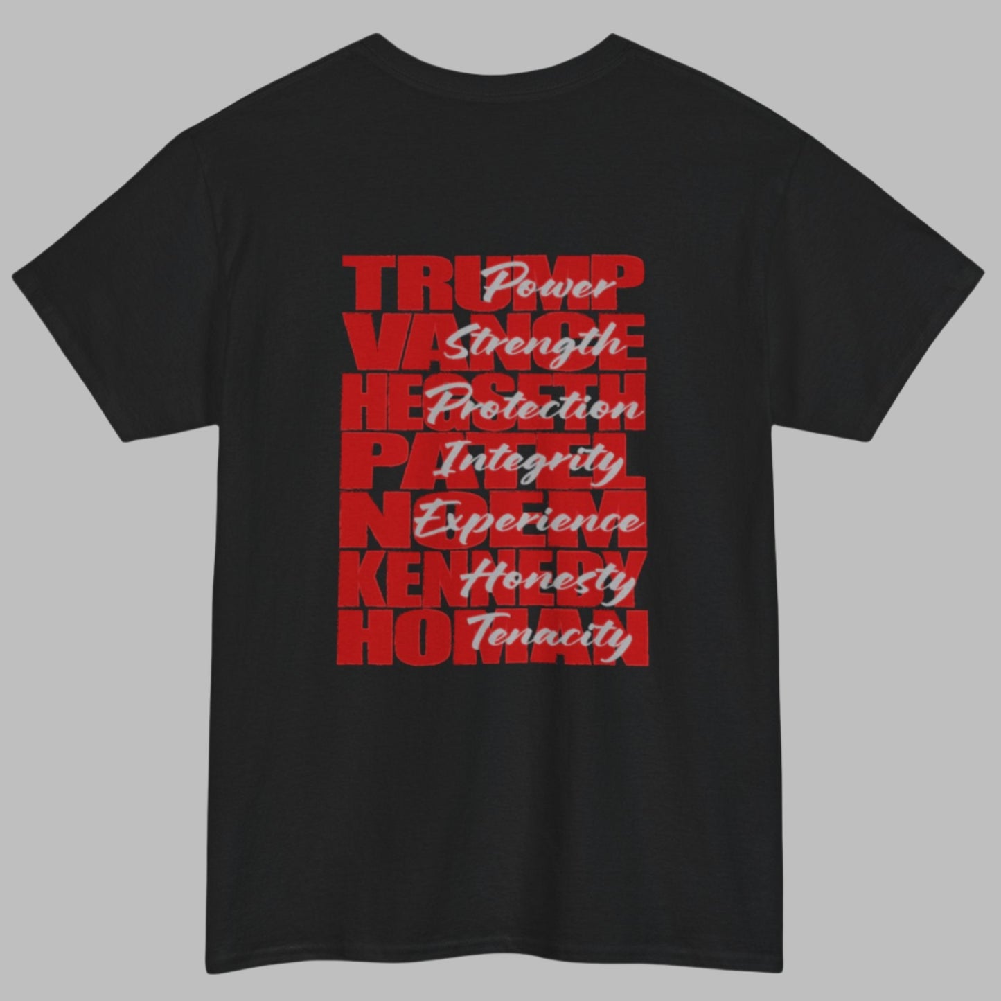 Cotton t-shirt imprinted in red with a gray overprint on the back of the names and strongest qualities of President Trump and his cabinet members / nominees. The front is imprinted on the left chest with 45/47 and the word Restoration overprinted in gray. 