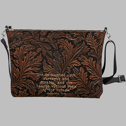 Uplifted Hand-tooled Leather Look Vegan Leather Crossbody Bag + Black or White Strap