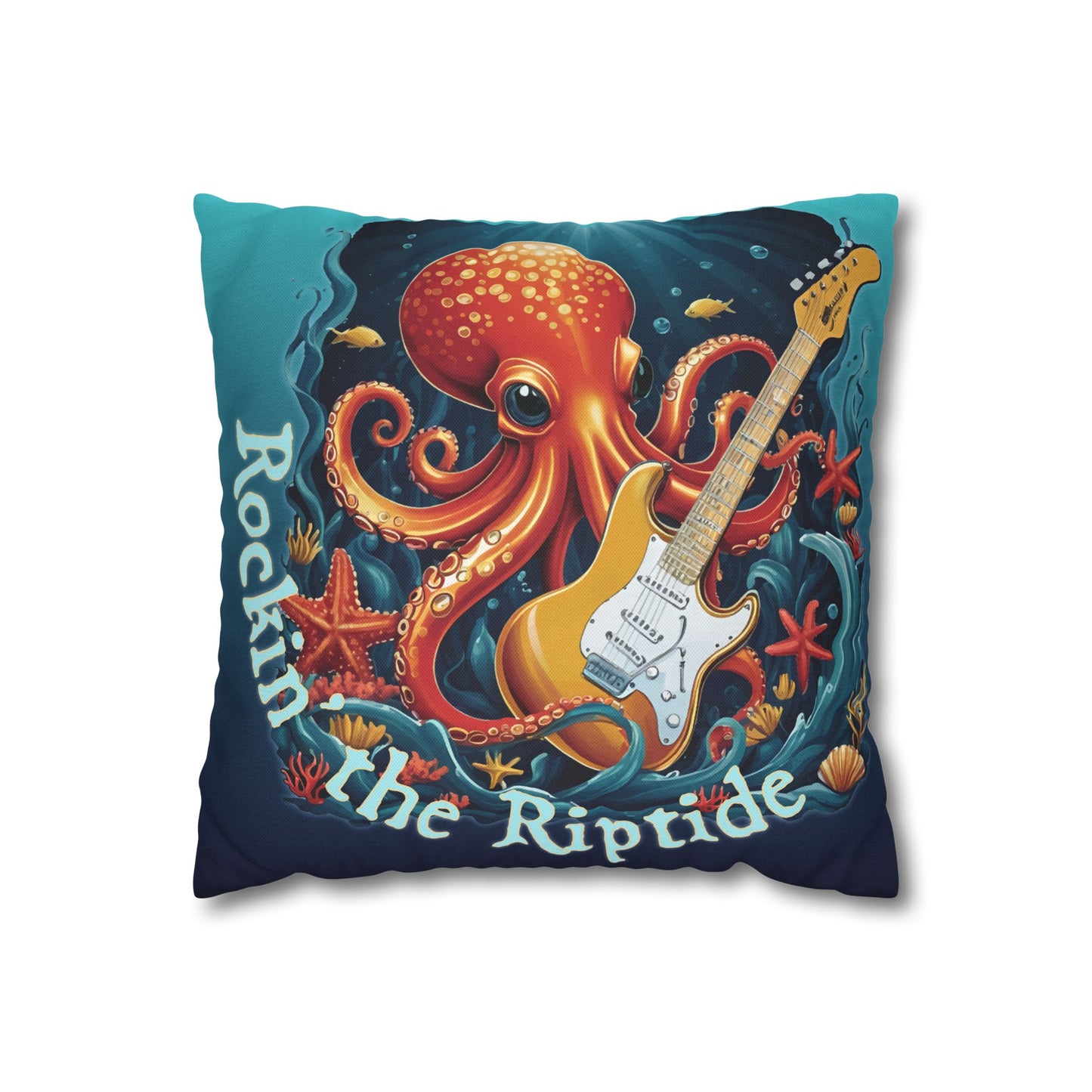 Mermaids, Pirates & Skallywags Sea Monster Octopus Rock and Roll Guitar Rockin' the Riptide, Ocean Decor, Beach Decor Pillow Case - 14" x 14"
