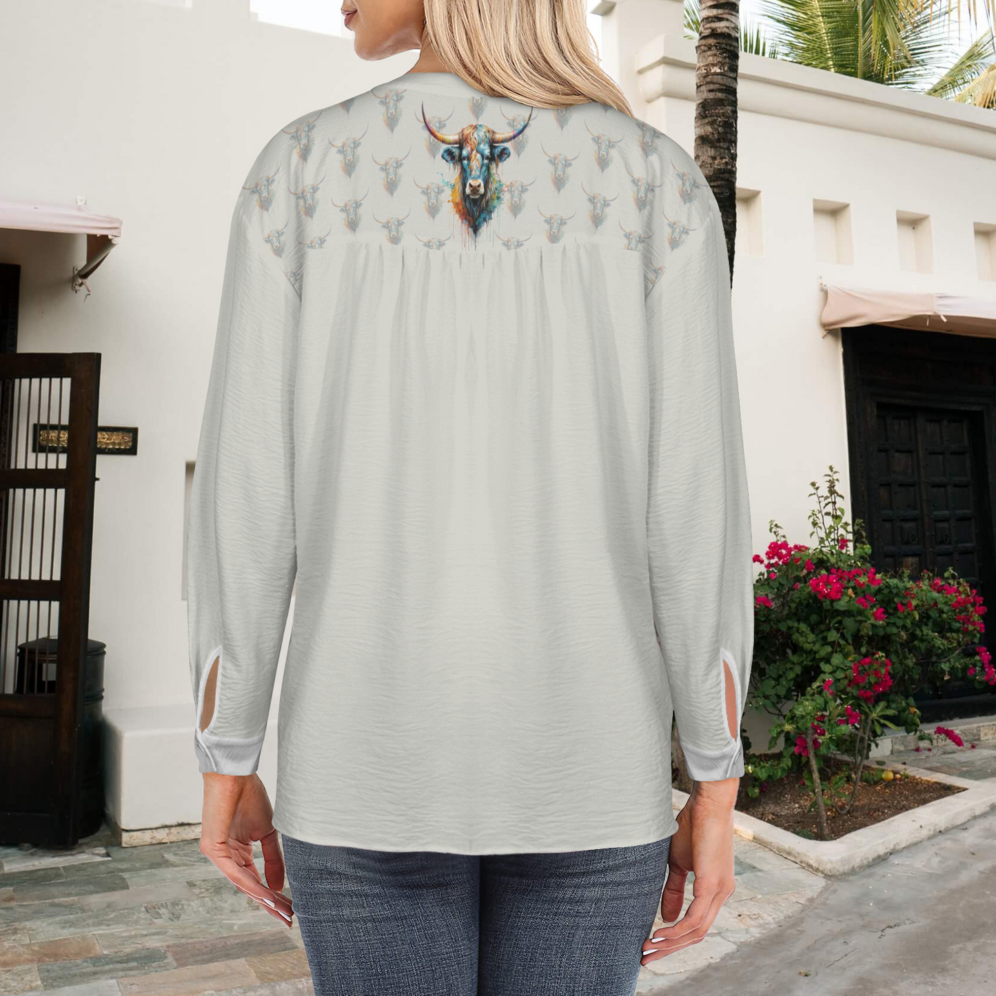 Watercolor Steer V-Neck Pullover Blouse - Stone Gray / Light Gray