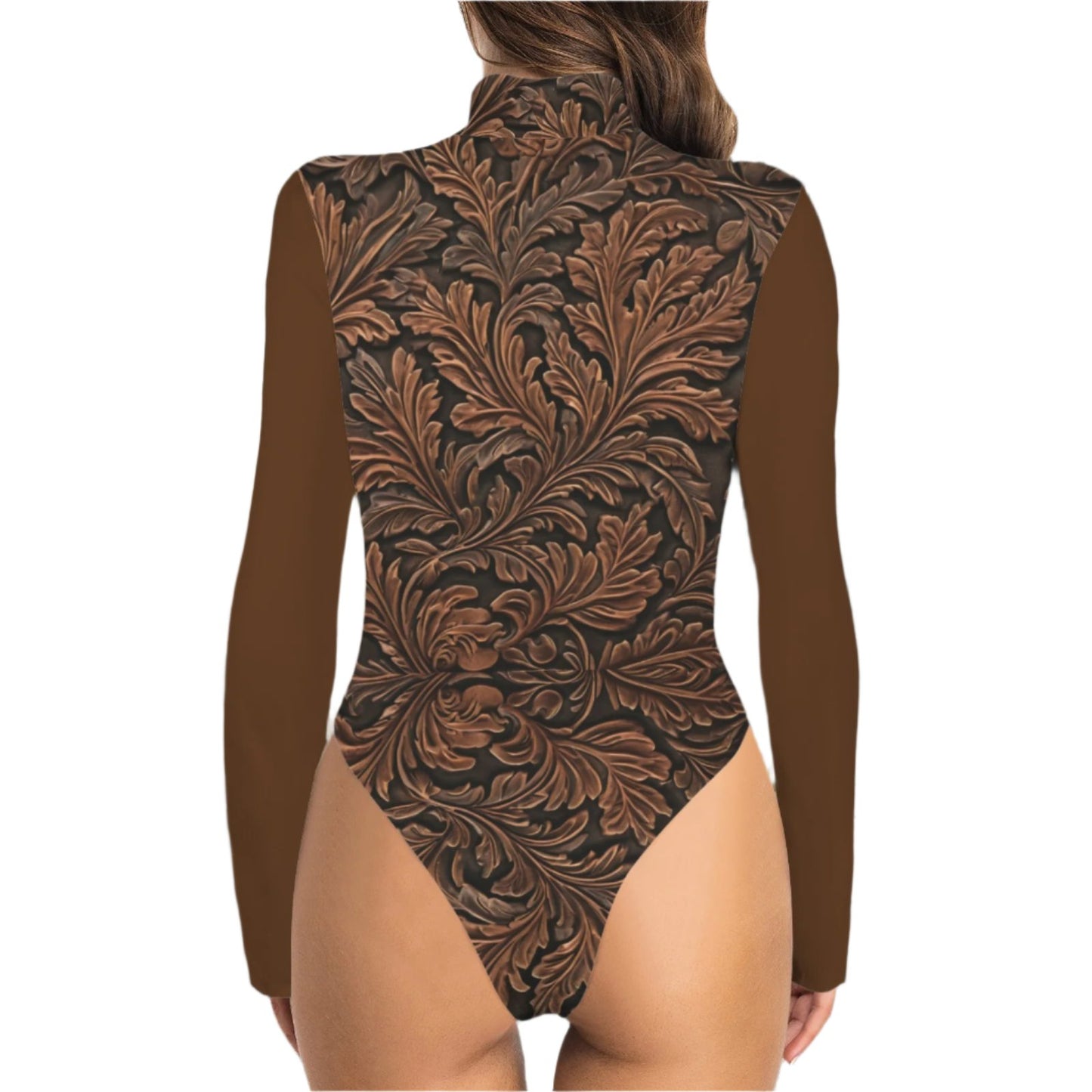 Tooled Leather-Look Mock Long Sleeve Body Suit