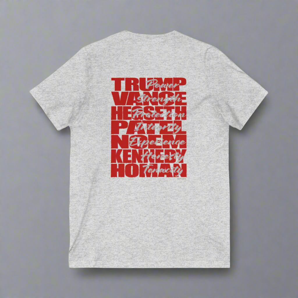 V-neck t-shirt imprinted with the names and qualities of Trump's cabinet members. Imprinted in red with gray overlays on the back. Left chest is imprinted with 45/47 and the word Restoration over the top. Sizes Small to 5X. 6 color options. 