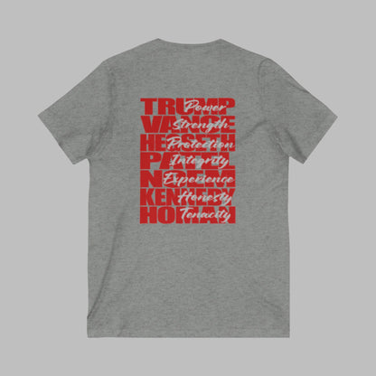 V-neck t-shirt imprinted with the names and qualities of Trump's cabinet members. Imprinted in red with gray overlays on the back. Left chest is imprinted with 45/47 and the word Restoration over the top. Sizes Small to 5X. 6 color options. 